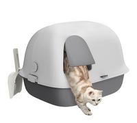 PawHut Bac à litière pour Chat, Maison de Toilette Chat Canal Semi-fermée avec Porte, Toit Avant ouvrant, Pelle Incluse, Trous Anti-Sable, Nettoyage simplifié, 58 x 46 x 39 cm, Blanc et Gris Clair