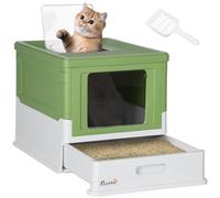 PawHut Bac à litière pour Chat Maison de Toilette fermé Pliable Double Porte battante et supérieure + Pelle + tiroir à litière Nettoyage Facile - 47,5 x 35,5 x 36,7 cm Vert Avocat Blanc