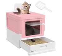 PawHut Bac à litière pour Chat Maison de Toilette fermé Pliable Double Porte battante et supérieure + Pelle + tiroir à litière Nettoyage Facile - 47,5 x 35,5 x 36,7 cm Rose Blanc