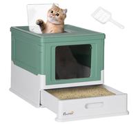 PawHut Bac à litière pour Chat Maison de Toilette fermé Pliable Double Porte battante et supérieure + Pelle + tiroir à litière Nettoyage Facile - 47,5 x 35,5 x 36,7 cm Vert Blanc