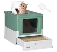 PawHut Bac à litière pour Chat Maison de Toilette fermé Pliable Double Porte battante et supérieure + Pelle + tiroir à litière Nettoyage Facile - 47,5 x 35,5 x 36,7 cm Vert Blanc