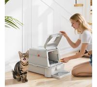 PawHut Bac à litière pour chat XL en Acier Inoxydable avec Couvercle Rabattable 180° Côtés Hauts Pédale Pelle Gris clair