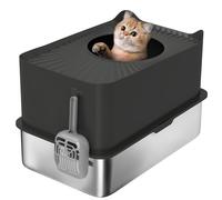 PawHut Bac à litière pour Chat XXL en Acier Inoxydable, 65L Grande capacité, Maison de Toilette pour Chat, avec Pelle et Patins antidérapants, Facile à Nettoyer, 60 x 40 x 38 cm, Noir