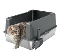 Pawhut Bac à litière pour chat XXL 85 L en acier inoxydable semi-fermée avec pelle Gris