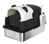 PawHut Bac à litière XL couvert pour grands chats en acier inoxydable avec couvercle rabattable, pelle, sachet désodorisant, design panda, noir