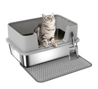 PawHut Bac à litière XL en Acier Inoxydable 60,2 x 40,2 x 29,5 cm Gris | Maison de Toilette pour Grand Chat, Nettoyage Facile, Parois Latérales Hautes, Marche Anti-Dispersion, Pelle