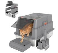PawHut Bac à litière XXL pivotant 180° pour 3 Chats, 70x50x43, Gris | Bac à litière en acier inoxydable 130L, parois hautes, pelle, marchepied, jusqu'à 10 kg par chat.