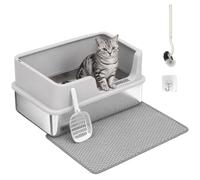 Bac litière pour chat - PawHut - couvercle bords hauts pelle et tapis anti-adhérent anti-odeurs - inox - 60x40x30cm - gris clair