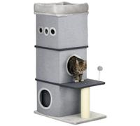 PawHut Baril Grattoir pour chat à 3 niveaux Hauteur 102 cm Tour pour chat avec niche en feutre amovible Poteau en sisal Lit et balle jouet 60 x 40 x 102 cm Gris
