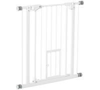 PawHut Barrière 29-32" Chien avec Porte Chat 30", Ouverture Facile, Blanc | avec petite porte, clôture intérieure pour chien, pour portes, maison, escalier