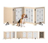 PawHut Barrière de protection autoportante pour chien, 70 x 205 cm, pliable, avec 2 pieds de support, porte verrouillable, pour cuisine, cheminée, porte, 4 panneaux, chêne