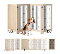 PawHut Barrière de protection autoportante pour chien, 91,5 x 205 cm, pliable, avec 2 pieds de support, porte verrouillable, pour cuisine, cheminée, porte, 4 panneaux, chêne