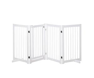 PawHut barrière de sécurité chien 4 pièces, 220 x 91 cm Barrière de sécurité pliable avec portillon, barrière pour chien indépendante avec 2 pieds de support, barrière d'escalier en bois pour couloir,