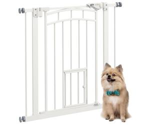 PawHut Barrière de sécurité Chien, barrière d'escalier à Fixation par Pression sans percer, Porte Fermeture Automatique, système de Double Verrouillage, 74 à 80 cm, Acier, Blanc