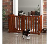 PawHut Barrière de sécurité chien pliable double face en bois, 4 panneaux avec porte, pieds de support, 205 x 60 cm, marron