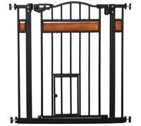 PawHut Barrière de sécurité pour Animaux avec Porte Fermeture Automatique système de Double Verrouillage sans perçage de 74 à 80 cm Acier Bois de pin Noir
