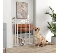 PawHut Barrière de Sécurité pour Animaux de 106 cm de hauteur avec largeur ajustable, porte pour chat intégrée, pour escaliers et encadrements de porte, Blanc