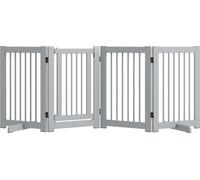 PawHut barrière de sécurité pour chien en 4 parties, 204 x 75 cm Barrière de sécurité pliable avec portillon, barrière pour chien autonome avec 2 pieds de support, barrière d'escalier en bois pour