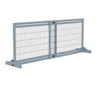 Barrière de sécurité chien barrière autoportante longueur réglable dim. 104-183L x 36l x 69H cm bois pin gris acier noir