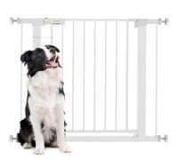 PawHut Barrière de sécurité pour chiens extensible pour escaliers et portes 76-97 cm avec 2 extensions de 7 cm, fermeture automatique et cadre métallique hauteur 76 cm, blanc
