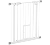 PawHut Barrière réglable pour chien avec petite porte et fixation par pression, barrière pour chien avec fermeture automatique, 74-80x76.2cm, blanc