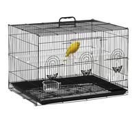 PawHut Birdcage avec 2 perchoirs et 3 entrées, Volière avec plateau et 2 conteneurs de nourriture, en fil métallique et plastique, 60x41x41 cm, Noir