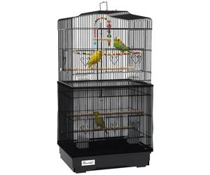 PawHut Birdcage with Handle, Removable Tray and Doors, Parrot Aviary with Wooden Perches, Swing and Food Bowls, 46.5x35.5x92cm, Black (Cage à Oiseaux avec poignée, Plateau Amovible et Portes, volière