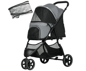 PawHut Buggy pliable pour petit chien, 10 kg, gris | Poussette chat, buggy, couvre-pluie, panier, fenêtres mesh, roues pivotantes 360° avec frein.