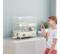 PawHut Cage à Hamster à 2 Niveaux et 3 Portes avec Roue et Tubes, en Acier, PS et PP, 44,5x28x44 cm, Crème et Blanc