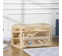 PawHut Cage à hamster à 3 niveaux bascules, fenêtres, cabanes, plateau coulissant, 115 x 60 x 55 cm, effet bois naturel