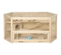 PawHut Cage à Hamster à 3 Niveaux, Cage gerbilles avec bascules pour Divertissement, Bouteille d'eau, fenêtres, cabanes, Toit articulé, Plateau Coulissant, 115 x 60 x 55 cm, Effet Bois Naturel