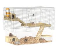 PawHut Cage à Hamster à 3 Niveaux, Cage Rongeur avec Roue d'exercice, Plateau Profond Transparent, cabanes, rampes, Bouteille d'eau, gamelle, bac à Sable, 59 x 35,5 x 47 cm, Blanc