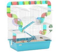 PawHut Cage à hamster à 4 niveaux, cage à gerbille avec tubes, roue d'exercice, cabane, bouteille d'eau, plat de nourriture, rampes, grande cage à hamster pour tirage, 58 x 36 x 65 cm, bleu clair