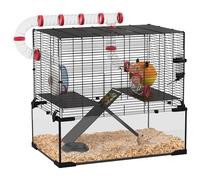 PawHut Cage à hamster, cage à gerbille avec fond en verre profond, tunnels, rampes antidérapantes, plateformes, cabane, roue d'exercice, bouteille d'eau, plat, pour hamster nain, 60 x 40 x 57 cm