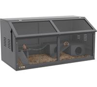 PawHut cage à hamster en bois, 100cm maison pour rongeurs, clapier pour petits animaux, maison de jeu avec pont suspendu, échelles, toit ouvrant, cabane, gris foncé