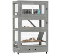 PawHut Cage à hamster en bois 65 x 45 x 109 cm - Avec cabanes, balançoire, palette, mangeoires, 4 niveaux avec serrure, rampes, roulettes - Pour hamster nain - Gris
