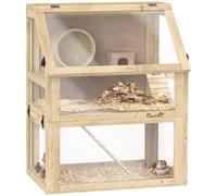 PawHut Cage à hamster en bois à 3 niveaux avec fond amovible de 32 cm de profondeur, cabane, balançoire, roue d'exercice, rampes, 60 x 40 x 75 cm, finition bois naturel