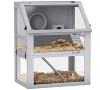 PawHut Cage à hamster en bois à 3 niveaux avec fond amovible de 32 cm de profondeur, cabane, balançoire, roue d'exercice, rampes, gris clair