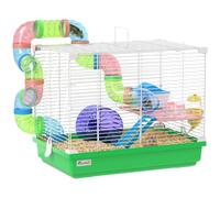 PawHut Cage à Hamster Rongeur 2 Niveaux 46L x 30l x 37H cm Vert | Tunnel, Biberon d'Eau, Roue, Maisonnette, Échelles