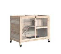 PawHut Cage à Lapin clapier sur roulettes Petit enclos Animaux en Bois Massif 2 étages Toit ouvrant Plates-Formes 91,5 x 53,3 x 73 cm Bois Naturel