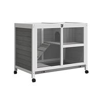PawHut Cage à Lapin clapier sur roulettes Petit enclos Animaux en Bois Massif 2 étages Toit ouvrant Plates-Formes 91,5 x 53,3 x 73 cm Gris