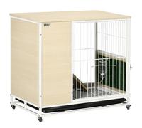 Clapier à lapin sur roulettes cage à lapin 2 niveaux toit ouvrant porte plateau déjection coulissant rampe niche acier blanc aspect bois clair G