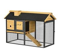 PawHut Cage à Lapin en Bois à 2 Niveaux avec Espace Ouvert Toit en Asphalte Plateau Amovible Portes et Rampe Clapier d'extérieur 120x55,5x80 cm Naturel & Noir