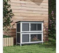 PawHut Cage à Lapins à 2 Niveaux en Bois de Sapin et Bitume avec Rampe, 2 Bacs Extractibles 4 Portes, 97x44x91 cm, Gris