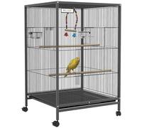 PawHut Cage à Oiseau sur Pied Cage sur roulettes avec balançoire, perchoirs, Portes, Bols et Plateau Coulissant, volière pour pinsons canaris inséparables, perruches 48 x 46 x 74 cm en Acier Noir