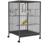 PawHut Cage à oiseau sur pied cage sur roulettes avec balançoire, perchoirs, portes, bols et plateau coulissant, volière pour pinsons canaris inséparables, perruches 48 x 46 x 78 cm en acier noir
