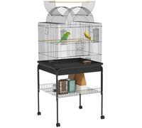 PawHut Cage à Oiseaux avec Plateau, Plateau de Rangement, mangeoire, Cage à Perroquet, Cage avec roulettes pour perruches, canaris, calopsittes, Acier 63 x 53 x 144 cm Noir