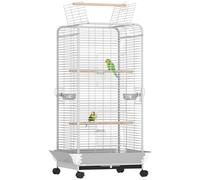 PawHut Cage à oiseaux avec roues, perchoirs, mangeoires et plateau amovible pour cacatoès, perroquets, 79 x 73 x 146 cm, gris clair