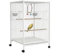 PawHut Cage à oiseaux avec roulettes, volière en acier avec perchoirs, balançoire, plateau amovible et bols en acier inoxydable, grande cage pour perroquets, canaris, perruches, 48 x 46 x 78 cm, blanc