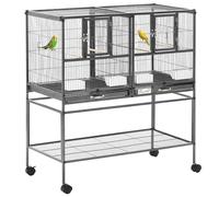 PawHut Cage à oiseaux 95 x 45,5 x 102 cm avec séparation, mangeoire et perchoir Noir et gris